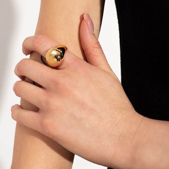 Versace Gold Color Metal Logo Engraved Statement Ring Sz 21